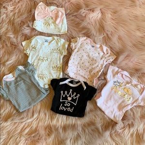 0-3 month onesies and matching hat.